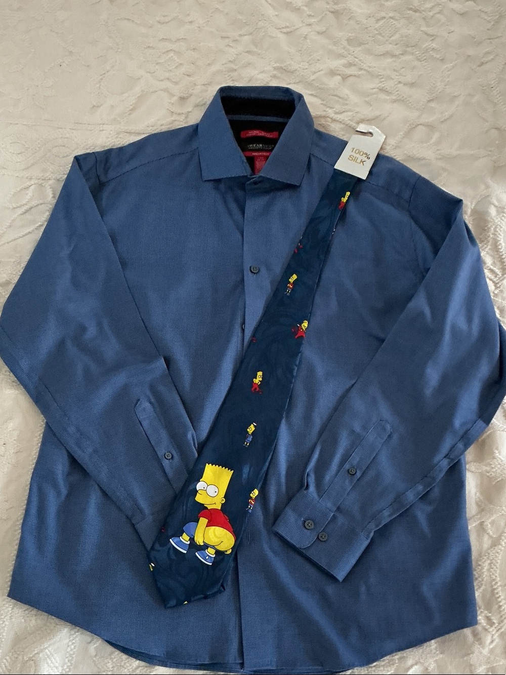 Kenneth Cole Men's Navy Blue Dress Shirt with Novelty Bart Simpson Tie